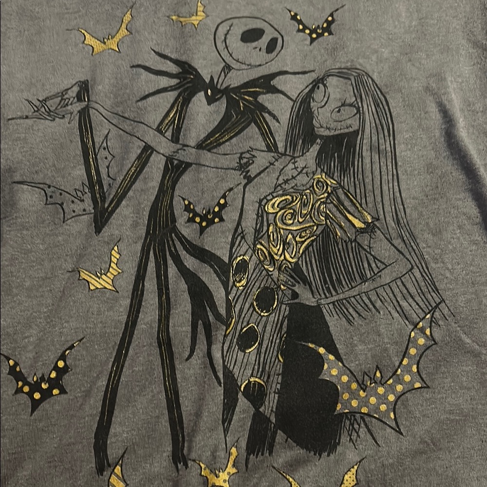 Gray Graphic Tee with Halloween Design Jack and Sally Nightmare Before Christmas